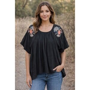 Blue Rain Blouse Top Women's S Floral Embroidered Pullover Short Slv Goth Black